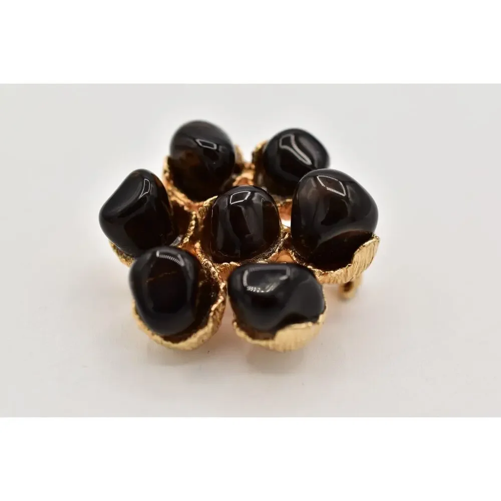 Vintage Cabochon Pin Brooch Black Black Gold Tone Chunky Floral 1990s BinB